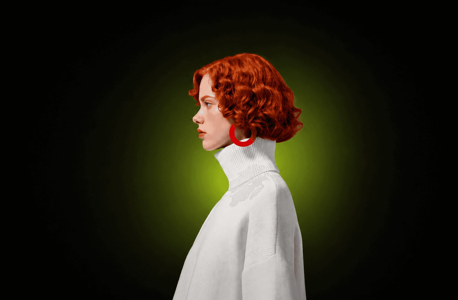 Woman in profile wearing a white turtleneck and red hoop earring against a blue background